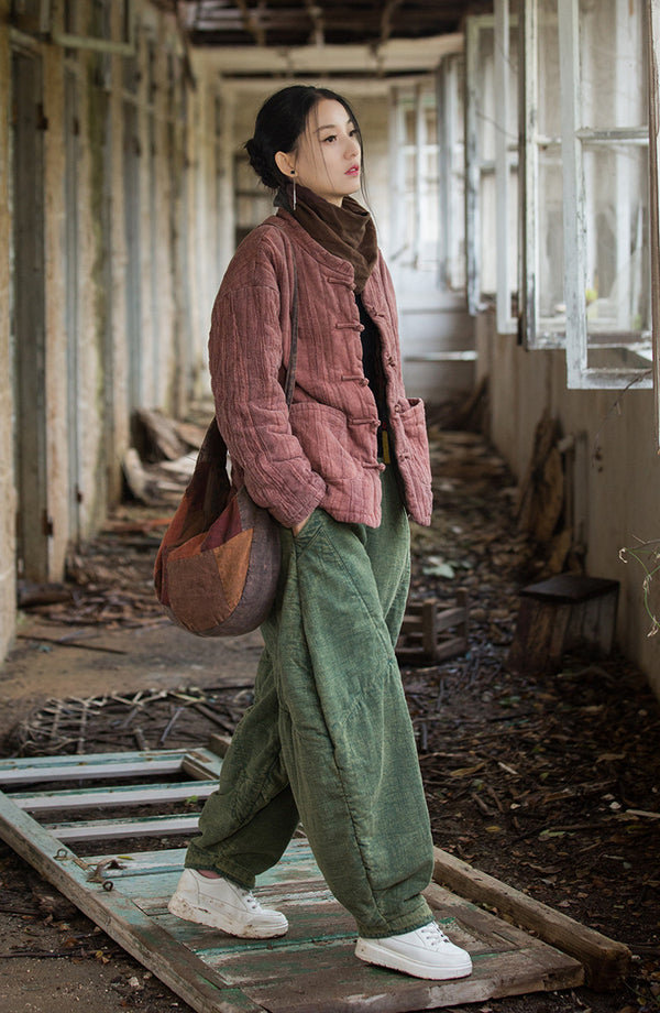 2024 Winter NEW! Asian Casual Style Women Wrinkles Linen and Cotton Short Quilted Long-sleeved Coat