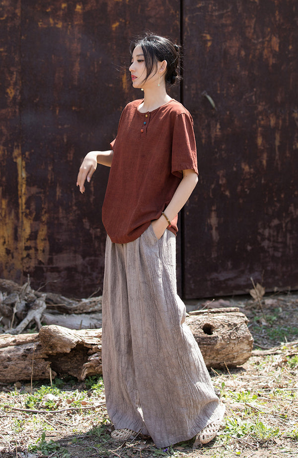 Vintage Washed Cotton-Linen Tee – Retro Print Short Sleeve Top with Mandarin Collar