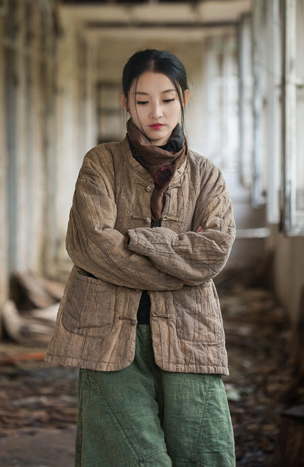 2024 Winter NEW! Asian Casual Style Women Wrinkles Linen and Cotton Short Quilted Long-sleeved Coat