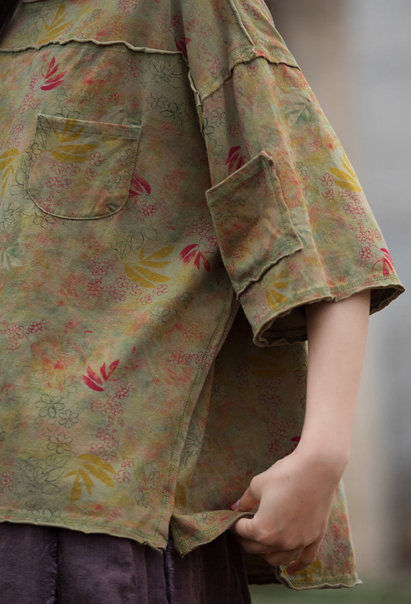 Vintage Washed Linen-Cotton Tee – Retro Digital Print Short Sleeve Top