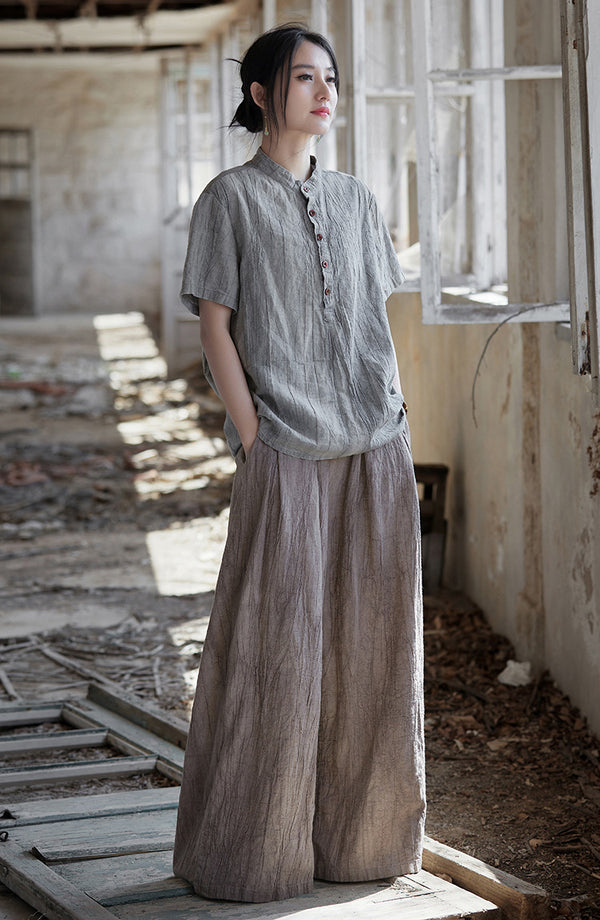 Vintage Washed Ramie Tee – Lightweight Short Sleeve Top with Artisan Dye Effect