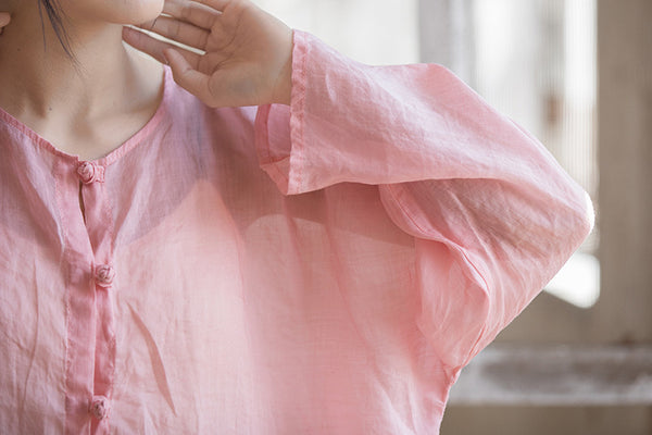 2024 Summer NEW! Women Asian Style Round Necked Long Sleeve Ramie Shirt