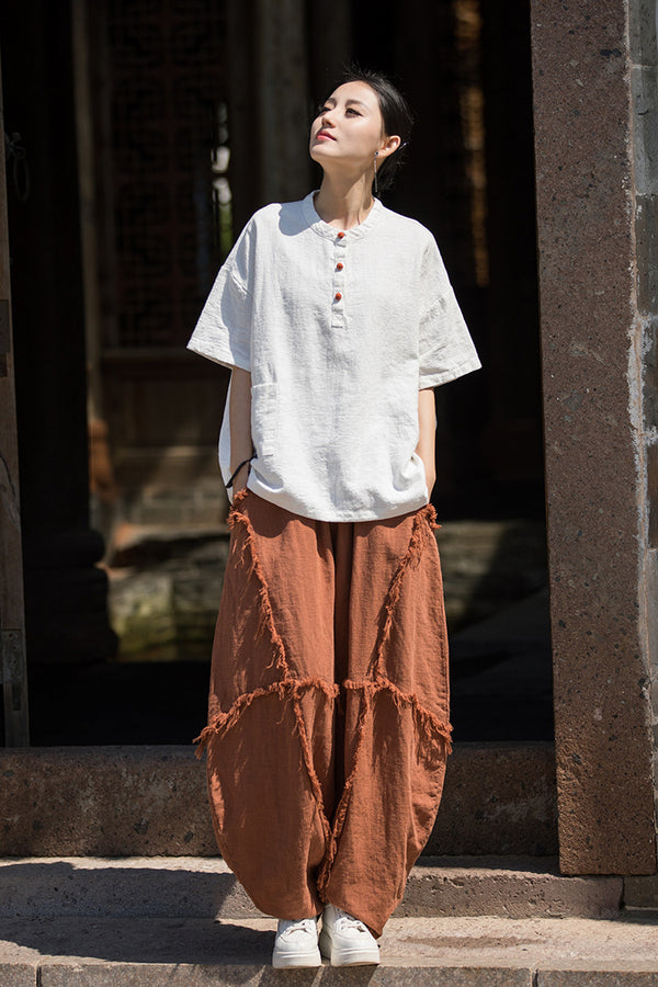 ZenBloom Linen-Blend Mandarin Collar Top – Modern Chinese Style Short-Sleeve T-Shirt