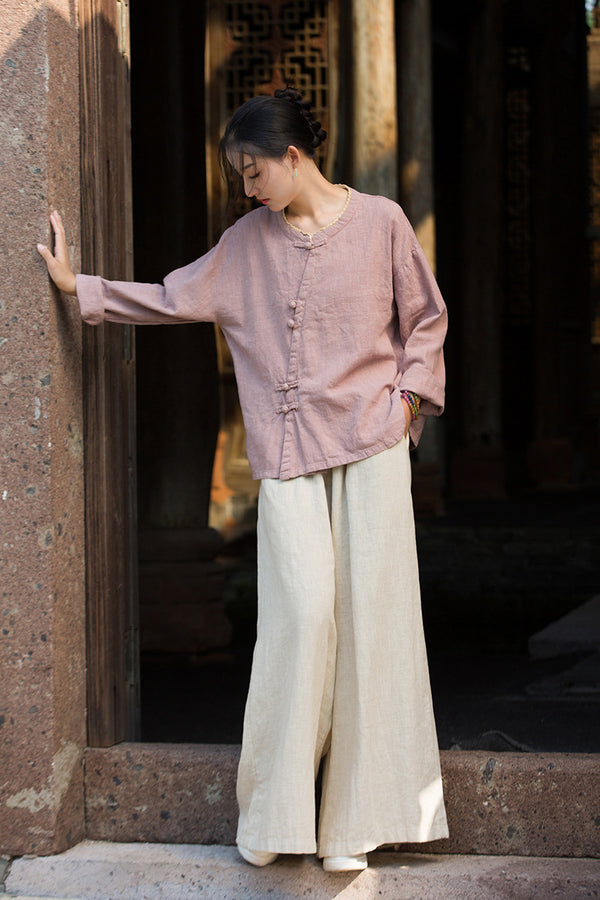 Zen Ramie Long Sleeve Top – Mandarin Collar Shirt with Pankou Buttons & Asymmetrical Hem