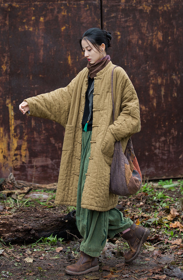2024 Winter NEW! Asian Retro Style Women Linen and Cotton Long Quilted Long-sleeved Coat