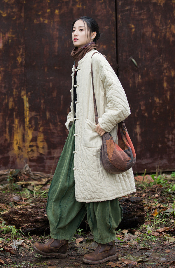 2024 Winter NEW! Asian Retro Style Women Linen and Cotton Long Quilted Long-sleeved Coat