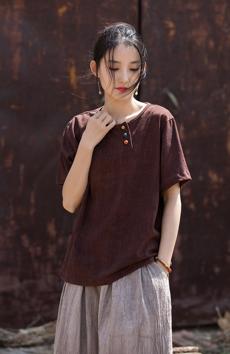 Vintage Washed Cotton-Linen Tee – Retro Print Short Sleeve Top with Mandarin Collar