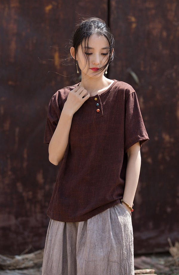 Vintage Washed Cotton-Linen Tee – Retro Print Short Sleeve Top with Mandarin Collar