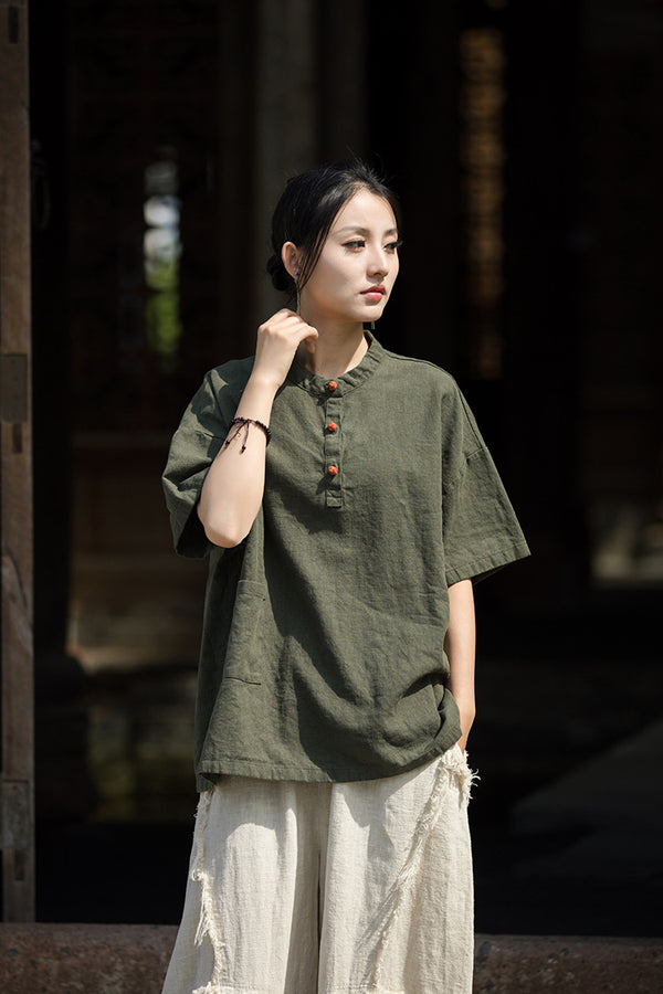 ZenBloom Linen-Blend Mandarin Collar Top – Modern Chinese Style Short-Sleeve T-Shirt