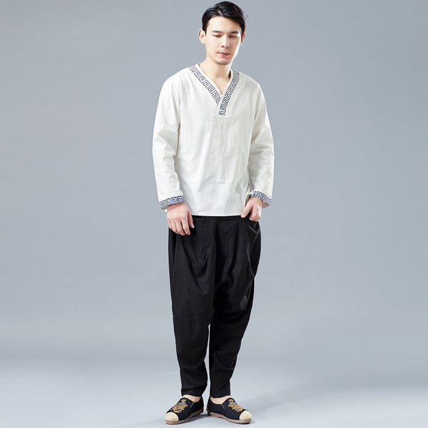Men Casual Front and Back Pockets New Style Linen Crotch Dancing Pants