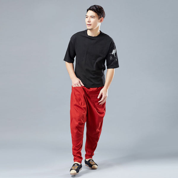 Men Casual Front and Back Pockets New Style Linen Crotch Dancing Pants