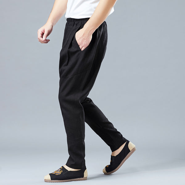 Men Casual Pure Color Cotton and Linen Crotch Dancing Pants