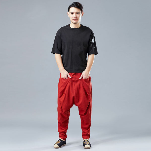 Men Casual Front and Back Pockets New Style Linen Crotch Dancing Pants
