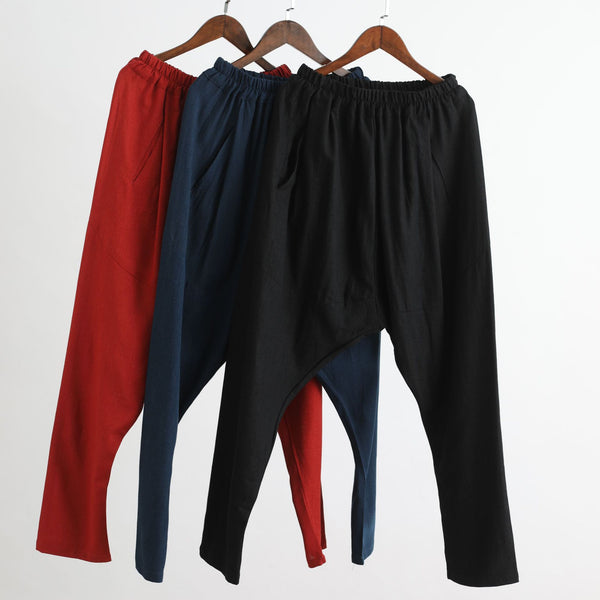 Men Casual Pure Color Cotton and Linen Crotch Dancing Pants