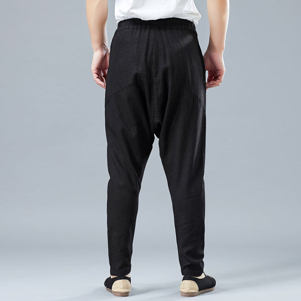 Men Casual Pure Color Cotton and Linen Crotch Dancing Pants