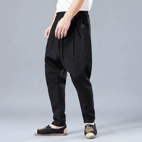 Men Casual Pure Color Cotton and Linen Crotch Dancing Pants