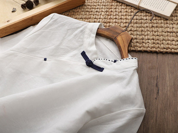 Pure Color Asian Style Women Long Sleeve Linen Blouses