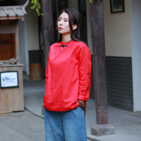 Pure Color Asian Style Women Long Sleeve Linen Blouses