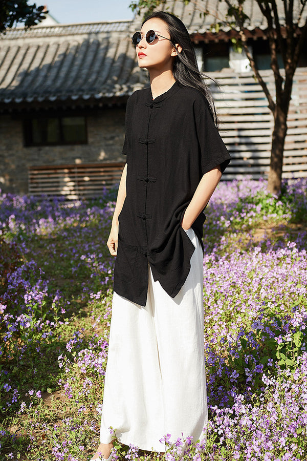 Retro Asian Style Linen and Cotton Women Short Sleeve Cardigan Blouses