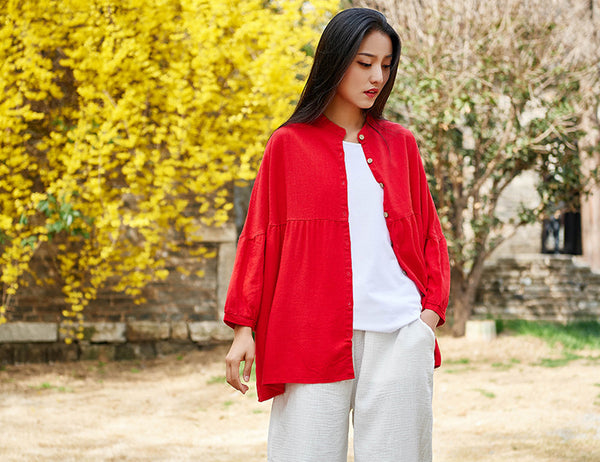 Simple Retro Style Linen and Cotton Loose Cardigan Top – Simple Pure Color Retro Style Women 3/4 Sleeve Linen Cardigan Blouses