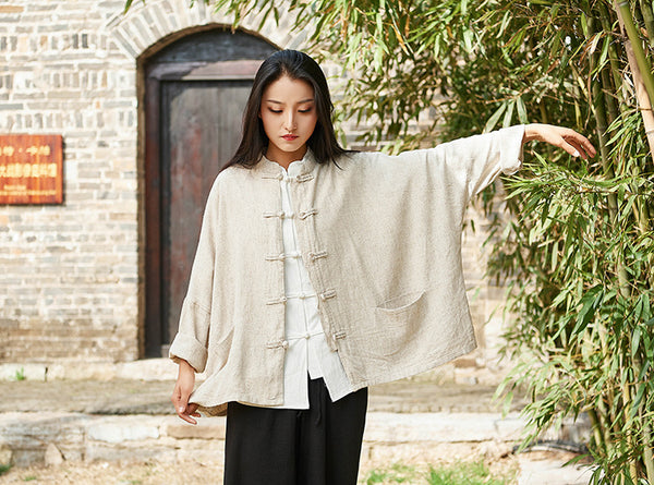 Retro Asian Style Linen and Cotton Long Sleeve Women Cardigan Blouses
