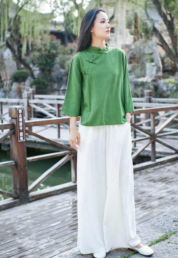Retro Asian Style Linen and Cotton Pure Color Women 3/4 Sleeve Linen Blouses