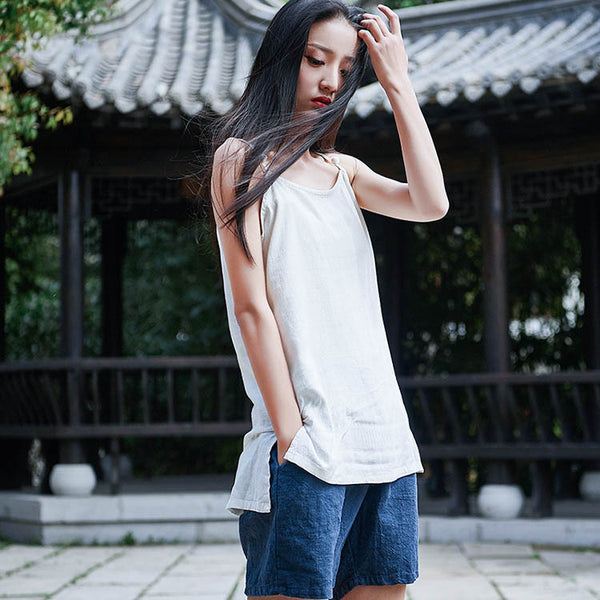 Retro Asian Style Pure Color Women Simple Linen and Cotton Tank