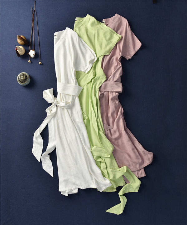 Women Retro Style Causal V-neck Short Sleeve Tea Length Dress