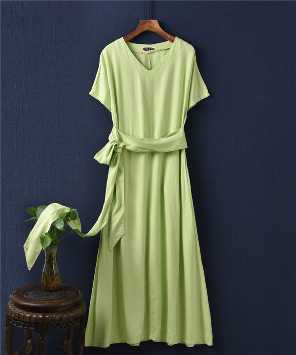 Women Retro Style Causal V-neck Short Sleeve Tea Length Dress