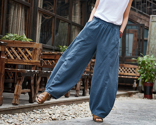 Women Retro Style Women Water-washed Linen and Cotton Lantern Pants