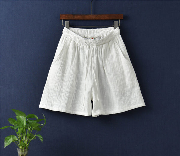 Simple Women Wrinkle Linen and Cotton Wide Thigh Opening Shorts