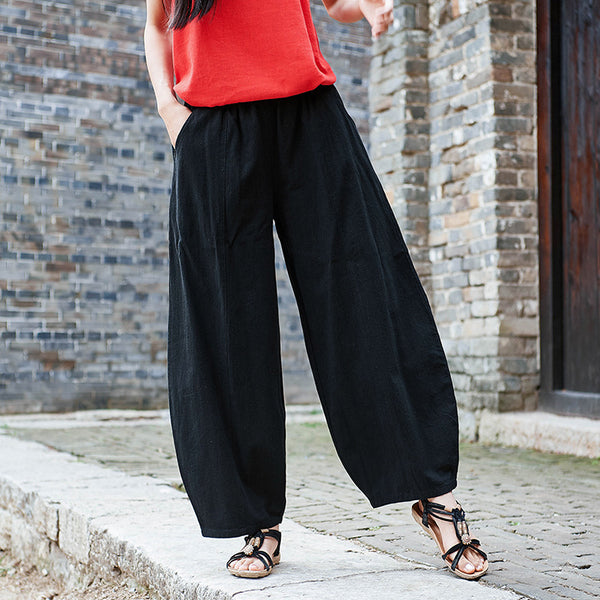 Women Retro Style Women Water-washed Linen and Cotton Lantern Pants