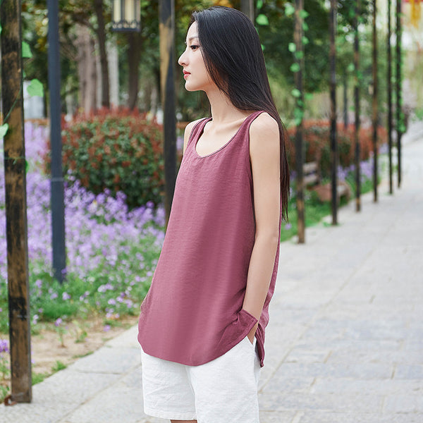 Simple Loose Style Women Pure Color Women Linen and Cotton Tank