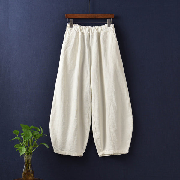 Women Natural Ramie Linen Lantern Cropped Pants