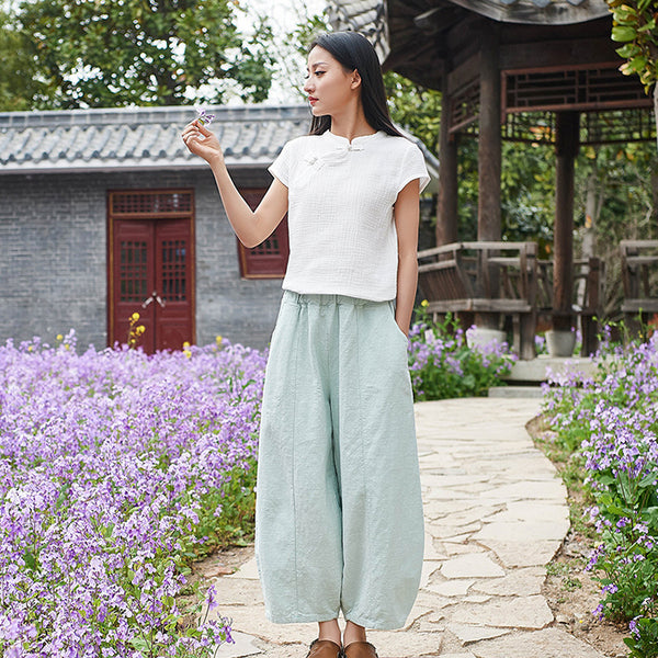 Women Natural Ramie Linen Lantern Cropped Pants