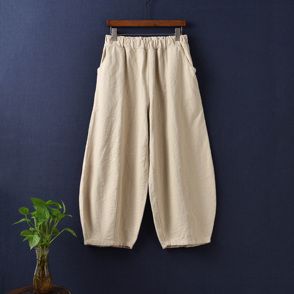 Women Natural Ramie Linen Lantern Cropped Pants