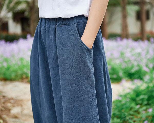 Women Natural Ramie Linen Lantern Cropped Pants