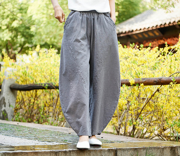 Women Natural Linen Fabric Pure Ramie Retro Lantern Leisure Pants
