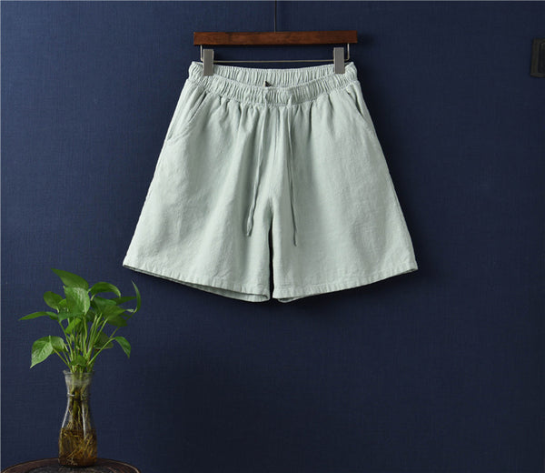 Women Natural Ramie Linen Sand Washed Wide Thigh Opening Shorts
