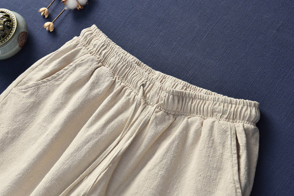 Women Natural Ramie Linen Sand Washed Wide Thigh Opening Shorts