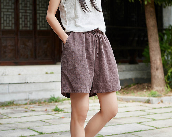 Women Natural Ramie Linen Sand Washed Wide Thigh Opening Shorts