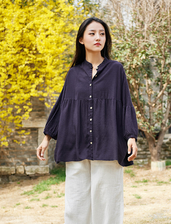 Simple Retro Style Linen and Cotton Loose Cardigan Top – Simple Pure Color Retro Style Women 3/4 Sleeve Linen Cardigan Blouses