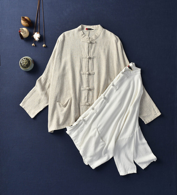Retro Asian Style Linen and Cotton Long Sleeve Women Cardigan Blouses