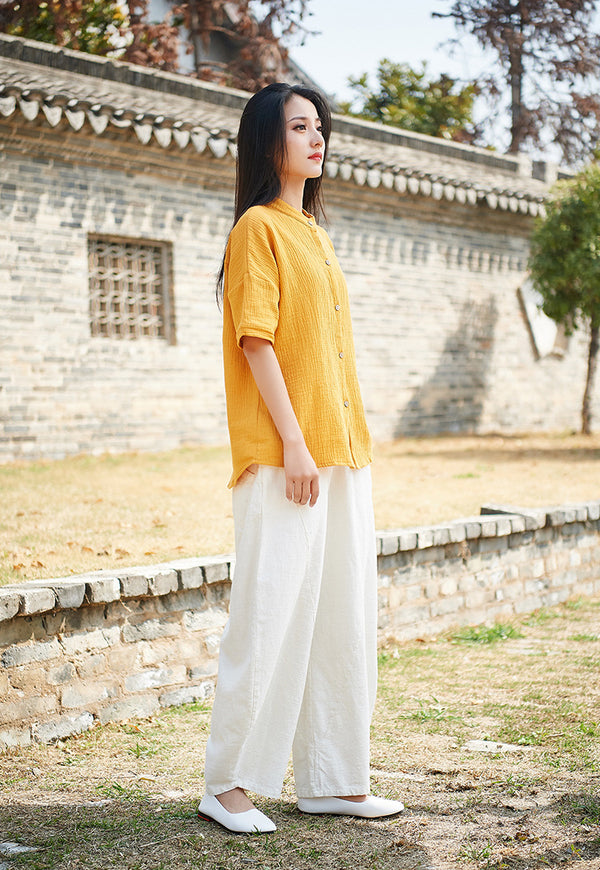 Simple Pure Color Linen and Cotton Women Short Sleeve Cardigan Blouses