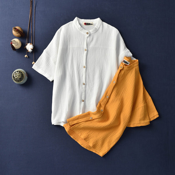 Simple Pure Color Linen and Cotton Women Short Sleeve Cardigan Blouses