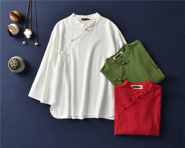 Retro Asian Style Linen and Cotton Pure Color Women 3/4 Sleeve Linen Blouses