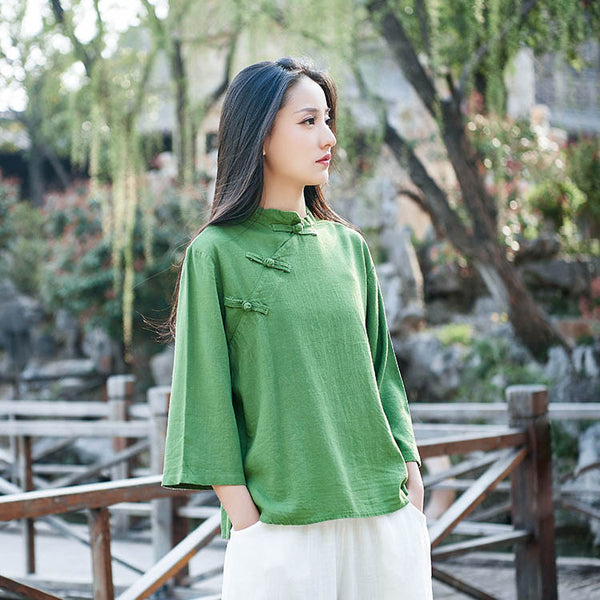 Retro Asian Style Linen and Cotton Pure Color Women 3/4 Sleeve Linen Blouses