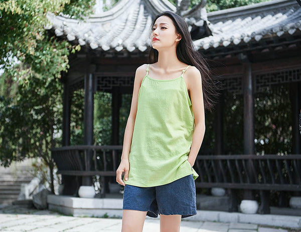 Retro Asian Style Pure Color Women Simple Linen and Cotton Tank