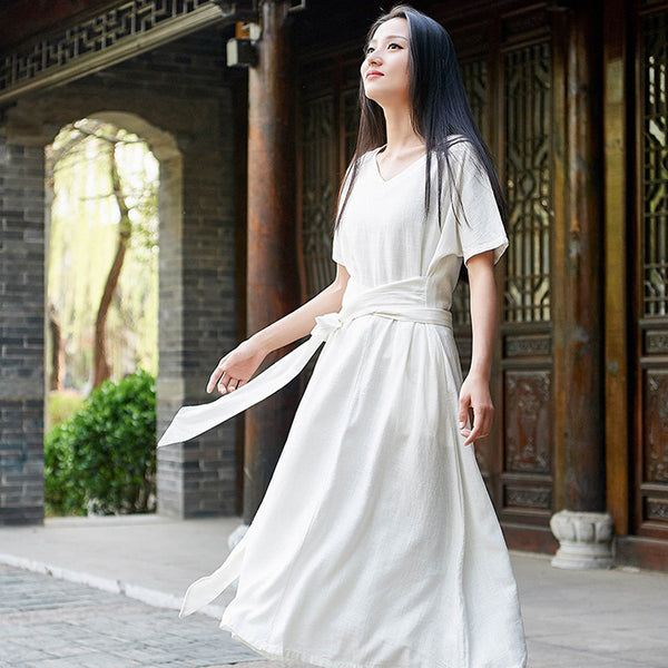 Women Retro Style Causal V-neck Short Sleeve Tea Length Dress