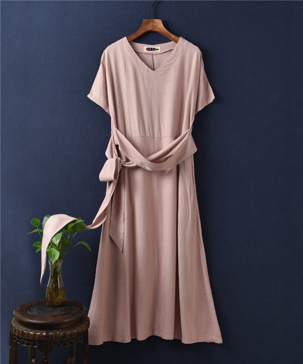 Women Retro Style Causal V-neck Short Sleeve Tea Length Dress